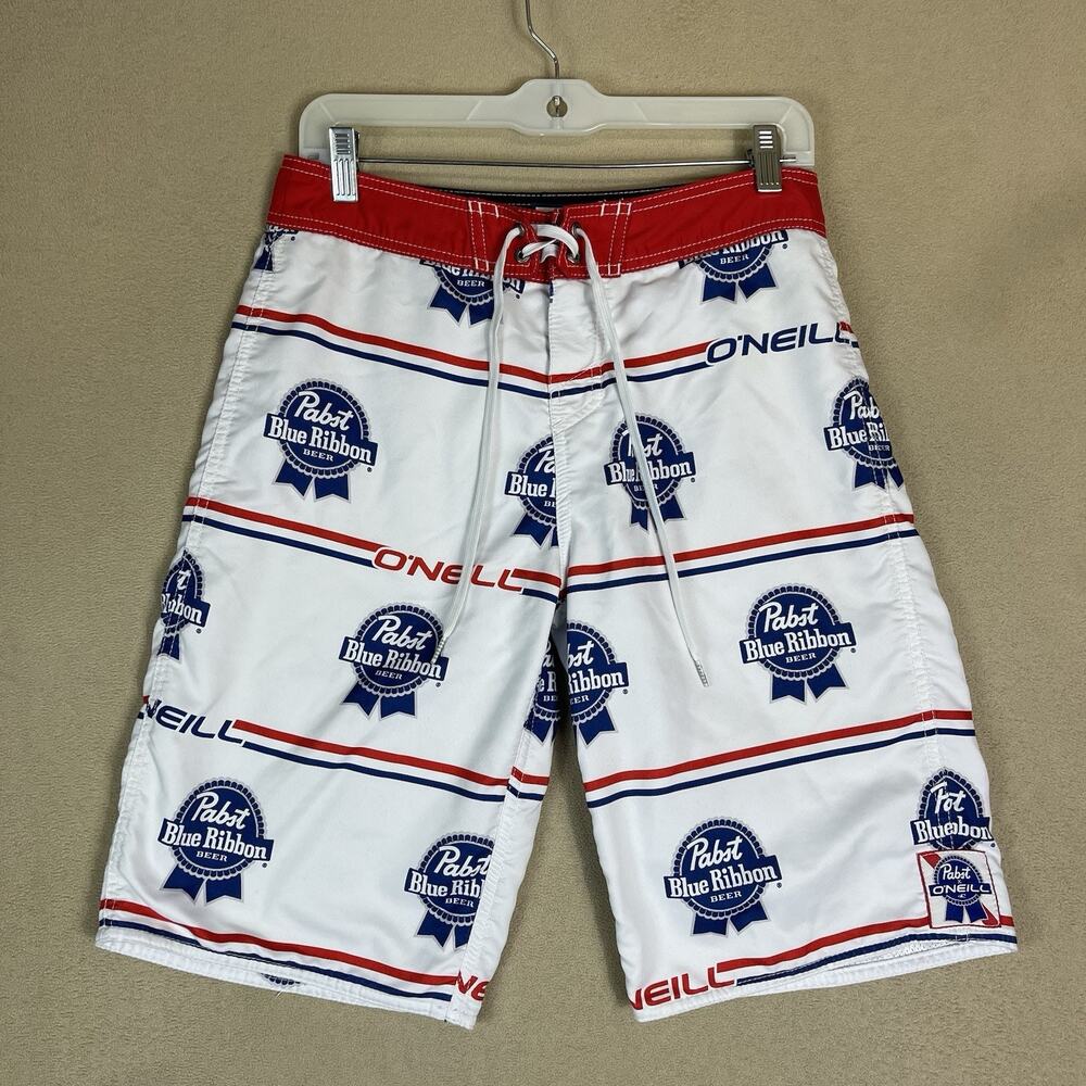 O'neill x Pabst Blue Ribbon Swim Trunk Mens 29 White Drawstring Waist Pockets